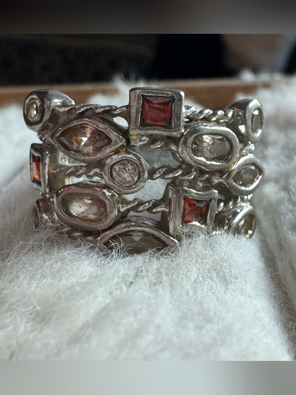 Sterling Silver 925 Multi Gemstone Bezel Set Wide Cable Band Statement Ring